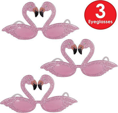 Beistle Glittered Flamingo Fanci-Frames – 3 Pack, Pink Glitter Novelty Glasses with Flamingo Design, Decorative Eyewear for Tropical Themes & Celebrations, One Size Fits Most Adults