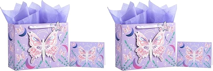 WRAPAHOLIC 13" Large Gift Bag with Card and Tissue Paper - Purple Butterfly Design for Birthday, Mother's day, Baby Shower, Valentines Day (Pack of 2)