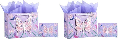 WRAPAHOLIC 13" Large Gift Bag with Card and Tissue Paper - Purple Butterfly Design for Birthday, Mother's day, Baby Shower, Valentines Day (Pack of 2)
