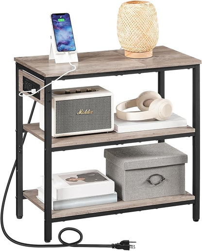HOOBRO End Table with Charging Station, Simple Rustic Side Table with 3-Tier