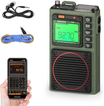 Raddy RF75A APP Control Shortwave Radio, Portable Shortwave Radios AM/FM/VHF/SW/WB Weather Radio, Pocket Radio Rechargeable w/ 9.85 Ft Wire Antenna (Army Green)
