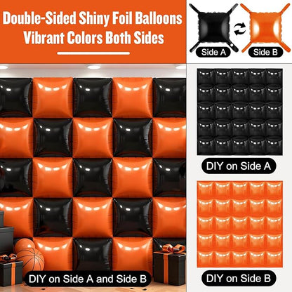 50Pcs Black and Orange Square Foil Balloons Wall Backdrop, Double Sided Metallic Foil Balloons Tunnel Arch Garland Kit for Photo Booth Birthday Wedding Halloween Christmas Party Decorations