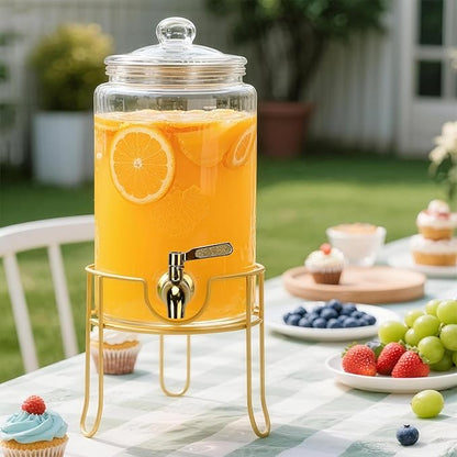Glass Drink Dispensers For Parties, 1 Gallon Beverage Dispenser With Glass Airtight Lids, Gold Metal Stand And Stainless Steel Spigot. Lemonade & Juice Dispenser With Chalk board-One Pack