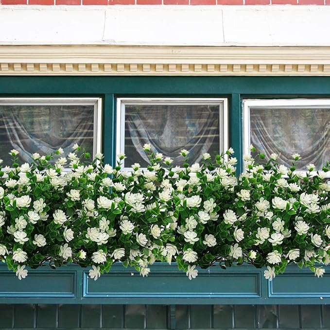 10 Bundles Artificial Fake Flowers, Faux Outdoor Plastic Plants UV Resistant Shrubs Outside Indoor Decorations (White-Eucalyptus)