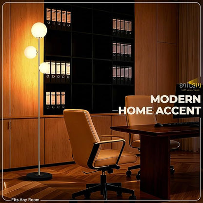 3 Globe Floor Lamp - Mid Century Modern Standing Light with 3 Color Temperatures, LED Bulbs, Frosted Glass Shades for Living Room (Gold)