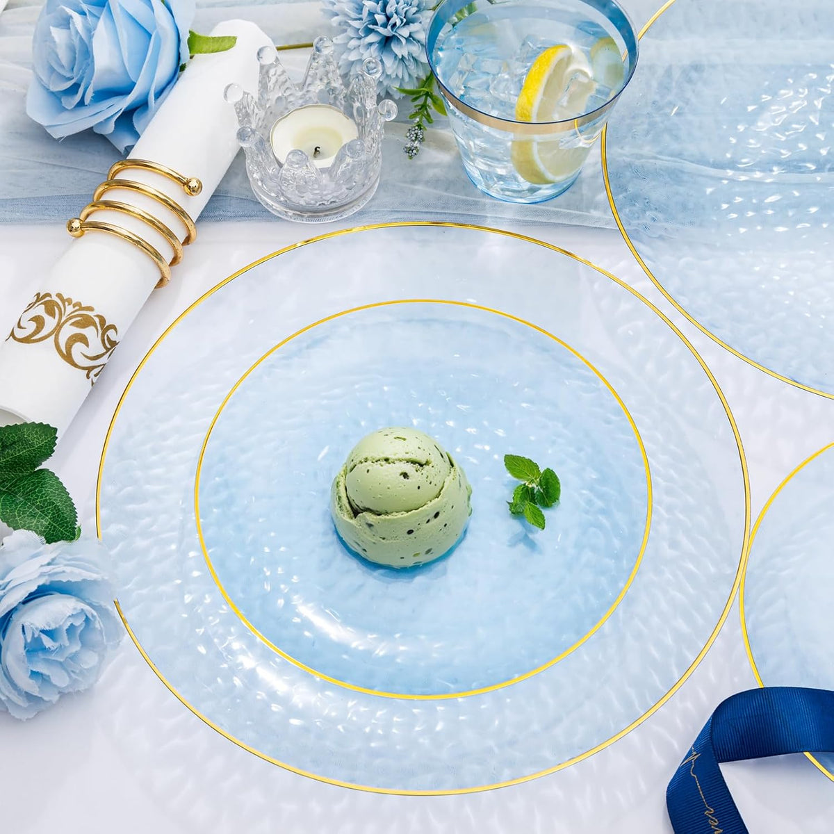 Rubtlamp 350 Pcs Clear Blue Plastic Plates, Blue Gold Plastic Dinnerware Set (50 Guests), Blue Disposable Plates With Gold Rim, Hammered Party Plates Set for Christmas Wedding And Party