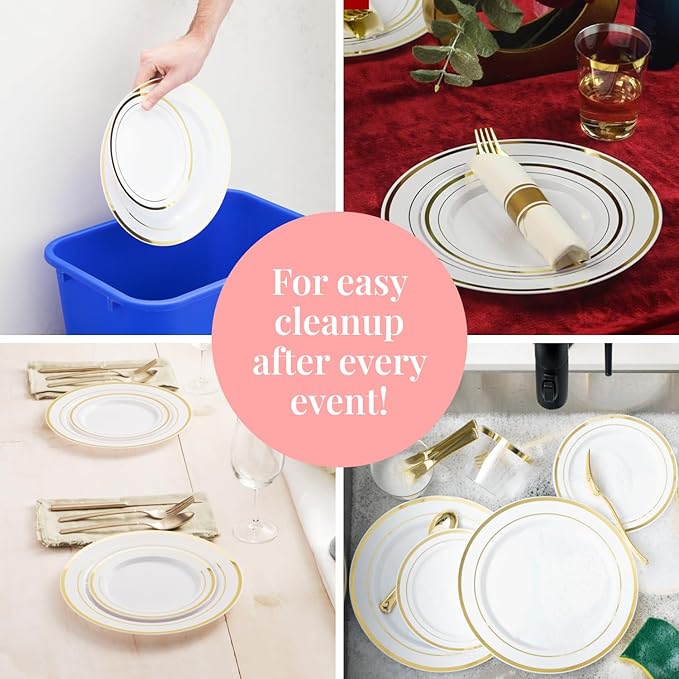 Prestee 50-Piece Disposable Plates Set - White with Gold Rimmed Plastic Plate for Parties, Holidays, Weddings - Includes 25 Dinner Plates and 25 Small Salad Platter - Ideal Thanksgiving Plate