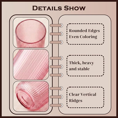 Pink Ribbed Highball Glasses Set of 6, 13.2oz Pink Colored Glassware, Drinking Glasses for Water, Juice, Iced Coffee, Cocktails, Pink Glass Cups, Housewarming Christmas Gift