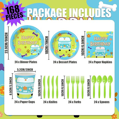 168PCS Mysterious Car Hippie Party Decorations for Kids Cartoon Dog Paw Themd 1st 2nd Birthday Party Supplies Groovy Daisy Favors Tableware with Plates Napkin Cups for 24 Guests