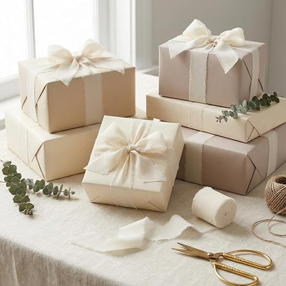 Handmade Chiffon Ribbon 1.5 Inch Wide, 3 Rolls 21 Yards, Soft Frayed Edge Ribbon for Wedding Invitations, Bouquets, Gift Wrapping & Craft Decor (Cream White)