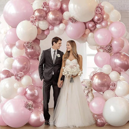 Pink and White Balloons Arch Kit,Double Stuffed Pearl Light Pink Metallic Pink Balloon Sand White Beige Ivory Balloons Garland Kit for Birthday Wedding Valentine's Day Bridal Shower Party Decoration