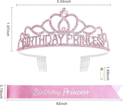 CAVETEE Princess Crowns and Sashes for Girls & Women - Birthday Party Decorations Set