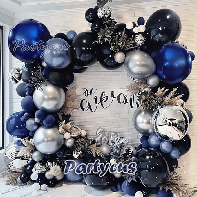 Navy Blue Black Balloon Garland - Double Stuffed Dark Royal Blue Black Balloon Arch Kit with Silver Foil for Birthday Graduation Prom Wedding Baby Shower Party Decoration