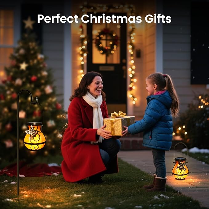 2 Pack Solar Lanterns Outdoor Waterproof, Hanging Hummingbird Flickering Flame Light Garden Decor Hanging Lights Decorative for Outside Patio Pathway Yard Christmas Birthday Gifts