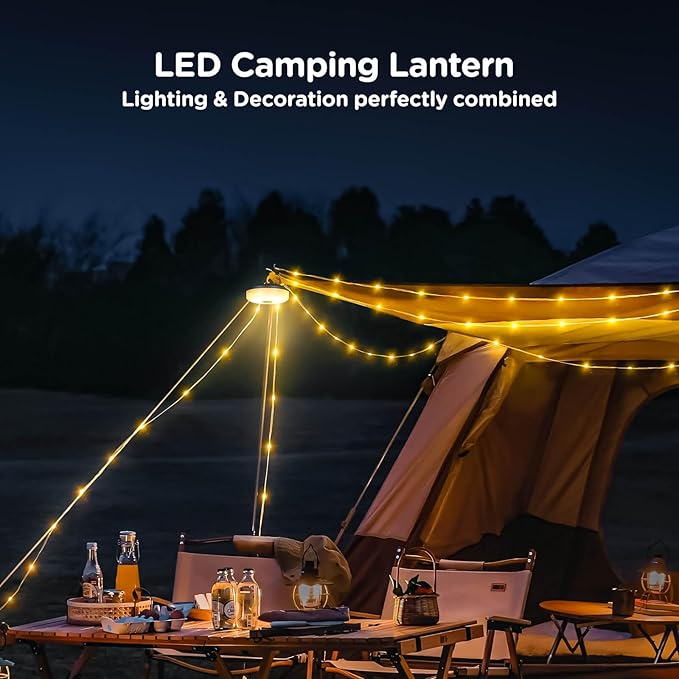 OGERY Camping String Lights, 4 in 1 Quick Storage 32.8FT Rechargeable Tent Lights String with 8 Lighting Modes, Hanging Waterproof Portable LED Lamp for Outdoor Patio Awning Garden Party Essentials
