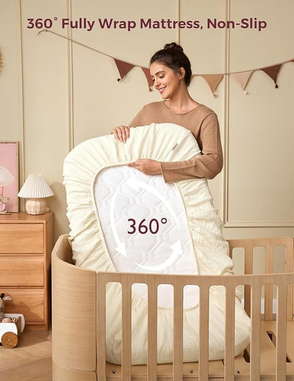 Momcozy Muslin Standard Fitted Crib Sheets, 52"x28", 2 Pack Soft Breathable Natural Cotton Baby Mattress Sheet, 360° Mattress Wrapping No Slip Boys Girls Neutral Toddler Bed Sheet, Bravery Giraffe