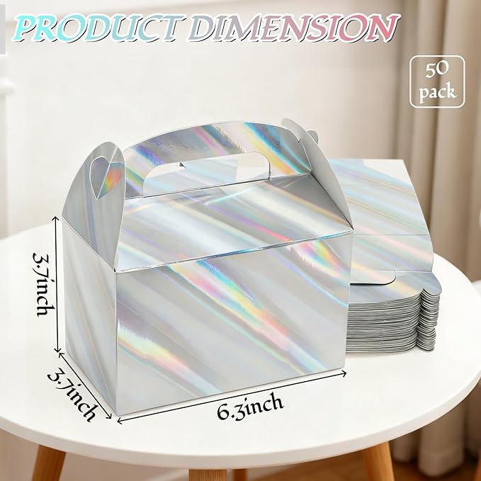 ZAVOOS 50 Pack Party Favor Boxes, 6.3 x 3.7 x 3.7 Inch Iridescent Candy Gable Boxes with Handle, Paper Goodie Gift Box Snack Cookies Containers bulk for Christmas, Wedding, Birthday