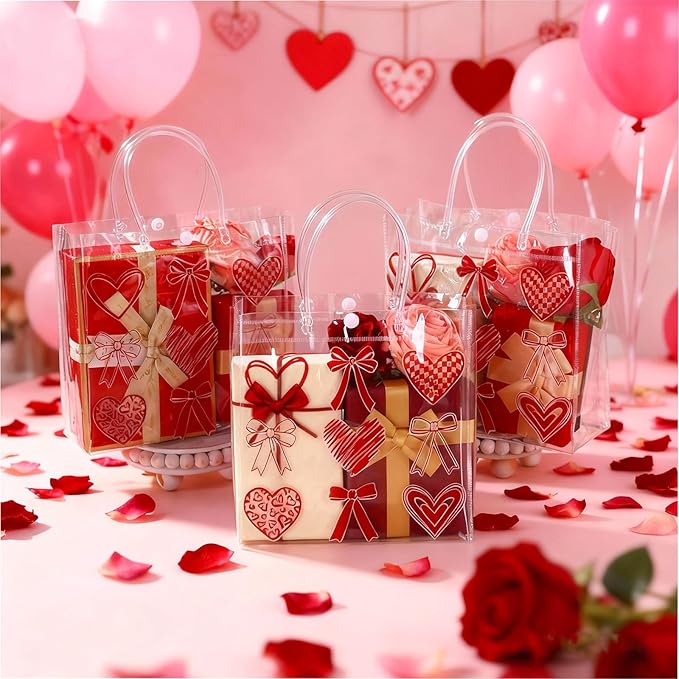 Aliceset 24 Pcs Valentine's Day Gift Bags with Handle Clear PVC Candy Treat Goodies Tote Bags Heart Checkerboard for Valentine's Day Birthday Party Favor Supplies