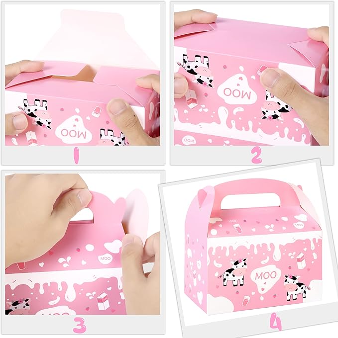umoni Cow Party Favor Treat Boxes 12 Pack Pink Cow Gift Goodie Boxes for Girls Birthday, Farm Animal Theme, Barnyard Party Supplies
