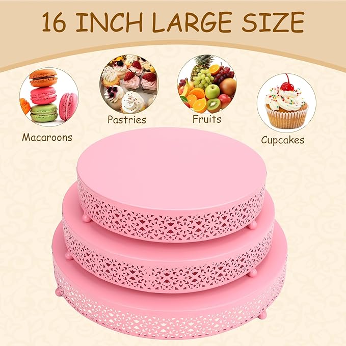 Pyrrhiax 3 Piece pink cake stand Set 16'' 14'' 12'' Round Metal Cake Stands Cupcake Stand Riser Pastry Candy Display Plate for Dessert Table Wedding Event Birthday Anniversary Party (Pink)