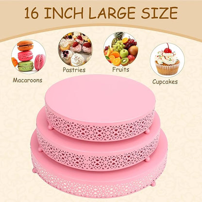 Pyrrhiax 3 Piece pink cake stand Set 16'' 14'' 12'' Round Metal Cake Stands Cupcake Stand Riser Pastry Candy Display Plate for Dessert Table Wedding Event Birthday Anniversary Party (Pink)