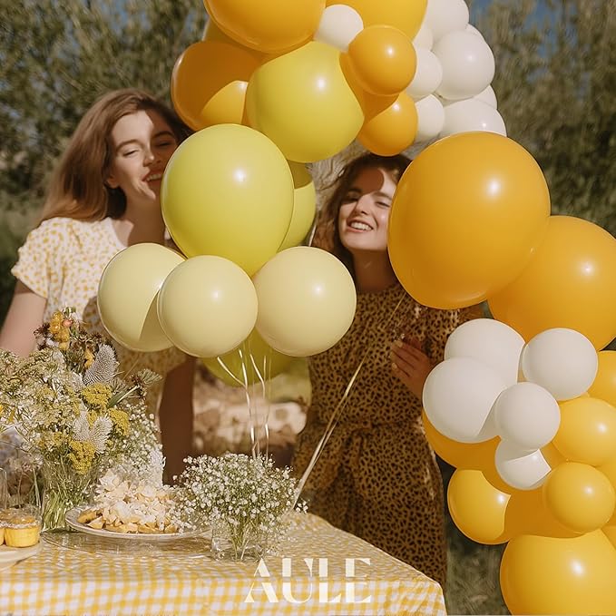 AULE Yellow Balloon Arch Kit 155Pcs Mustard Macaron Yellow White Balloons Garland for Sunflower Birthday Bee Graduation Anniversary Gender Reveal Baby Shower Theme Party Decoration
