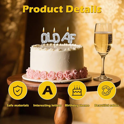 Old AF Birthday Candles – 9 Colors Funny Cake Candles w/Stable Base for Milestone Birthdays, Retirement Parties & 50th 60th 70th Celebrations(Silver)