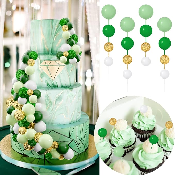 60Pcs Glitter Cake Balls Decorations Foam Cake Topper Balls Mini Balloon Cupcake Toppers for Cake Decorating Birthday Baby Shower Party (Glitter Green Series)