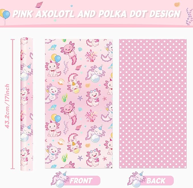 WERNNSAI Axolotl Wrapping Paper - 1 Roll 17” x 33 ft Girls Birthday Wrapping Paper Pink Salamander Pattern Gift Wrap Roll for Kids Girls Ocean Theme Party Favor Polka Design