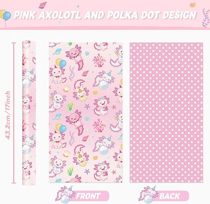 WERNNSAI Axolotl Wrapping Paper - 1 Roll 17” x 33 ft Girls Birthday Wrapping Paper Pink Salamander Pattern Gift Wrap Roll for Kids Girls Ocean Theme Party Favor Polka Design
