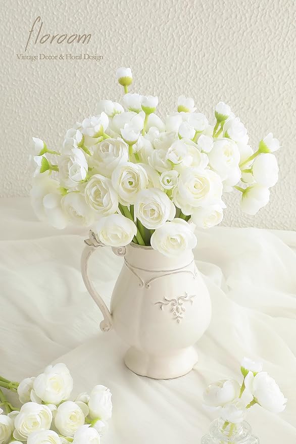 Floroom Ranunculus Artificial Flowers 18 Pcs Ivory Faux Silk Mini Ranunculus Bulk Fake Wedding Filler Flowers for DIY Bouquets, Centerpieces, Bridal Shower Decorations & Arrangements