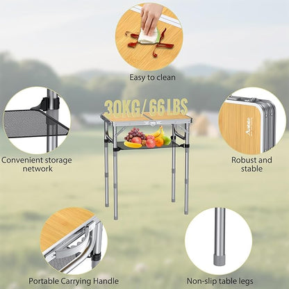 Anbte 2ft Camping Table Foldable, 3 Adjustable Heights High 27.5" Aluminum Small Folding Table with Carrying Handle, Portable, for Outdoor Indoor Picnic Beach BBQ Travel, 24" x 16", Light Oak Grain
