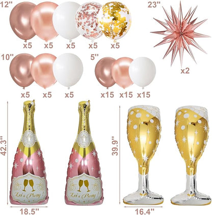 91 Pcs Rose Gold Balloons, Huge Explosion Star Balloons Champagne Bottle Goblet Aluminum Foil Balloon for Birthday, Bachelorette, Bridal Shower, Wedding, Engagement Party Decorations Supplies