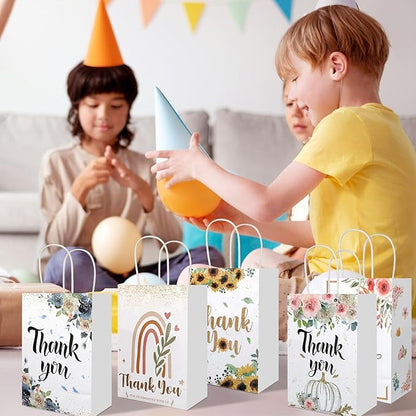 20Pcs Thank You Gift Bags with Handles, 8.2" x 5.8"x3.15" Flower Design Kraft Paper Gift Bags, Party Favor Bags for Wedding Birthday Shower Thanksgiving