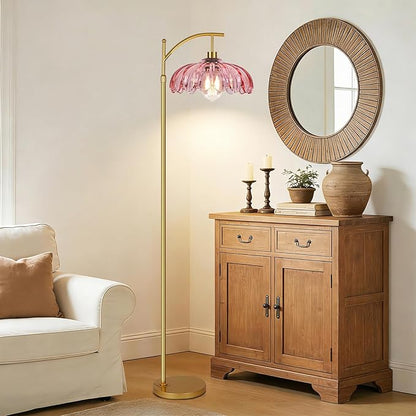 QIYIZM Pink Floor Lamp for Living Room,Bedroom,Gold Dimmable Standing Lamp with Remote,Mid Century Modern Brass Tall Lamp Boho Floor Lamps Arc Stained Glass Flower Floor Light Lamp Girls kids Bohemian
