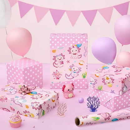 WERNNSAI Axolotl Wrapping Paper - 1 Roll 17” x 33 ft Girls Birthday Wrapping Paper Pink Salamander Pattern Gift Wrap Roll for Kids Girls Ocean Theme Party Favor Polka Design