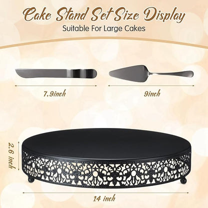 Wenqik 14 Inch Black Cake Stand Set Metal Round Cupcake Dessert Stand with Cake Cutting, Spatula Wedding Cupcake Pastry Display Candy Holder Display for Wedding Party Birthday Baby Shower(Classic)