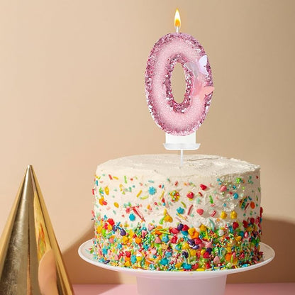 Birthday Candles，Glitter Butterfly Cake Toppers Pink Sequins Wedding Numeral Cupcake Decorations，Suitable for Girl and boy Wedding Cakes, Party Celebrations, Birthday Decorations (Number 0)