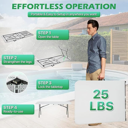6Ft Folding Table, Portable Party Tables for Outdoor/Indoor, Heavy Duty Foldable Table 6 Foot Long, No Need Assembly Fold-in-Half Plastic Tables for Party, Event, Camping, Picnic (6ft, White)