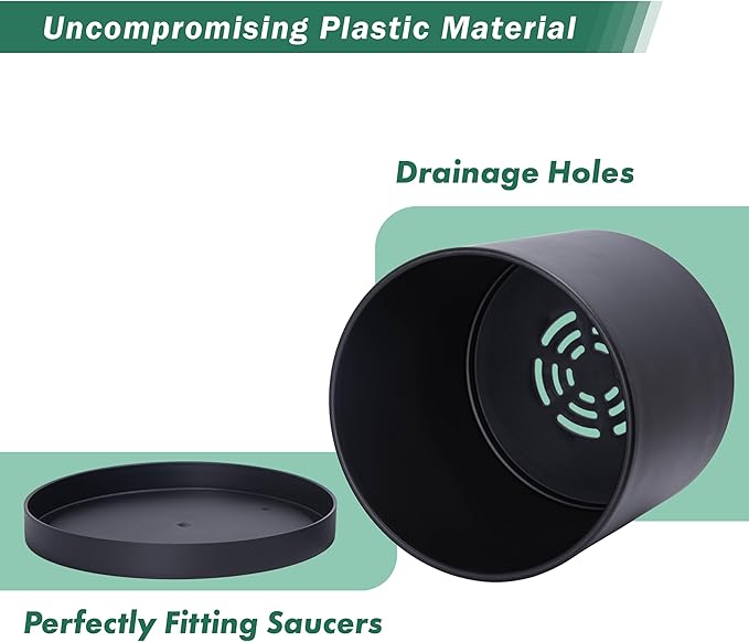 D'vine Dev 12 Inch Plastic Planter Pots for Plant Pot with Drainage Hole and Seamless Saucers, Black Color, 74-X-B-3