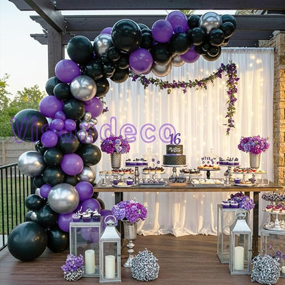 Black and Purple Balloons - 132pcs 18'' 12'' and 5'' Purple Black Balloon Arch Kit with Metallic Silver Balloons for Birthday Party Halloween Graduations Corporate Event and Gaming Night