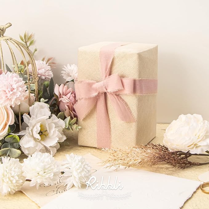 Ribbli 3 Rolls Pink Ribbon 1 Inch x 18 Yards Ivory Blush Dusty Pink Handmade Cotton Frayed Fringe Ribbons for Gift Wrapping Wedding Invites Bridal Bouquets Baby Shower DIY Crafts Home Decor