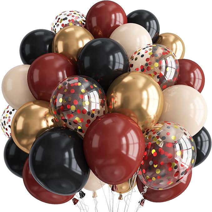 Black Burgundy and Gold Balloons, 12inch Retro Dark Pearl Maroon Beige Metallic Gold Black Confetti Latex Balloon Kit for Men Women Birthday Graduation Wedding Anniversary Party Decorations