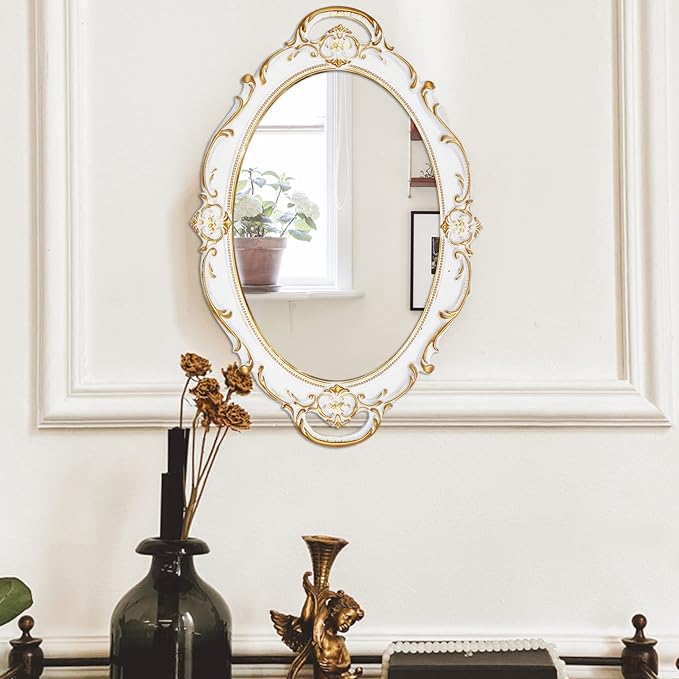 Eaoundm 14.5 x 10 inchs Oval Antique Decorative Wall Mirror Vintage Hanging Mirror (White)