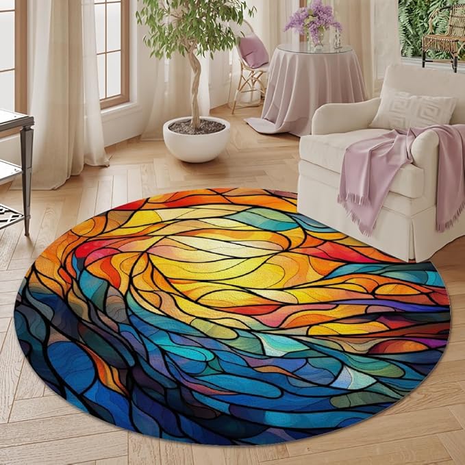 Abstract Colorful Pattern Round Rug Vintage Church Glass Area Rug Washable Soft Non-Slip Floor Carpet Low Pile Accent Rugs for Entryway Living Room Dining Room Bedroom Home Office 7ft