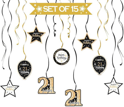 Happy 21st Birthday Black & Gold Glitter Swirls Streamers Party Decorations - 15 Pcs 21st Birthday Hanging Swirls Streamers Kit,Perfect for 21st Bday Party Sign.