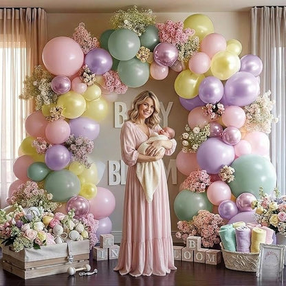 Green Pink Balloon Arch Kit Double Stuffed Light Pastel Lavender Yellow Pearl Balloon Garland for Baby Shower Birthday Spring Wildflower Fairy Garden Tea Butterfly Party Decorations