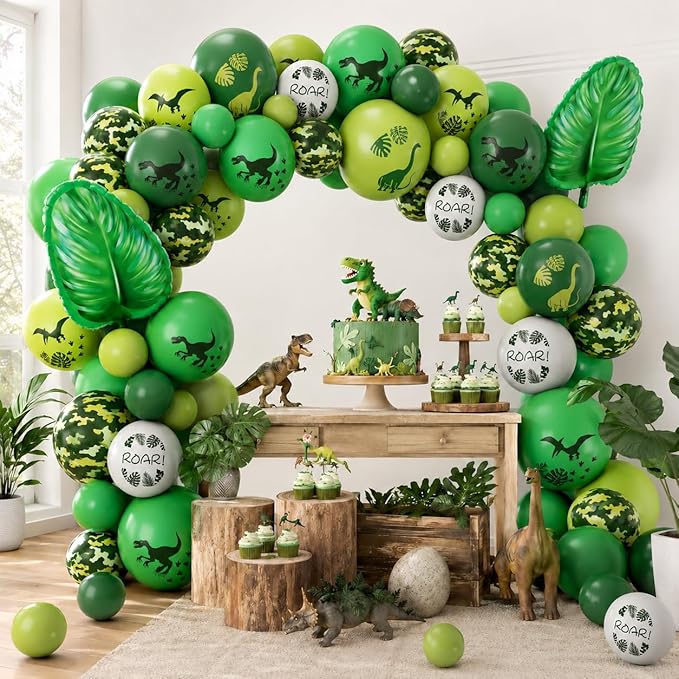 Dinosaur Balloons, 12 Inch Dino Printed Balloons with Palm Leaves Confetti Balloons for Birthday Party Jungle Dinosaur Safari Themed Decoration Supplies