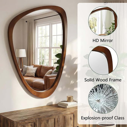 24x36 Inch Asymmetrical Wall Mirror Wood,Rustic Irregular Shaped Vanity Mirror for Bathroom,Bedroom, Living Room, Entryway, Fireplace,Wall Decor,Solid Wooden Frame (Dark Walnut, 24"x36" Inch)