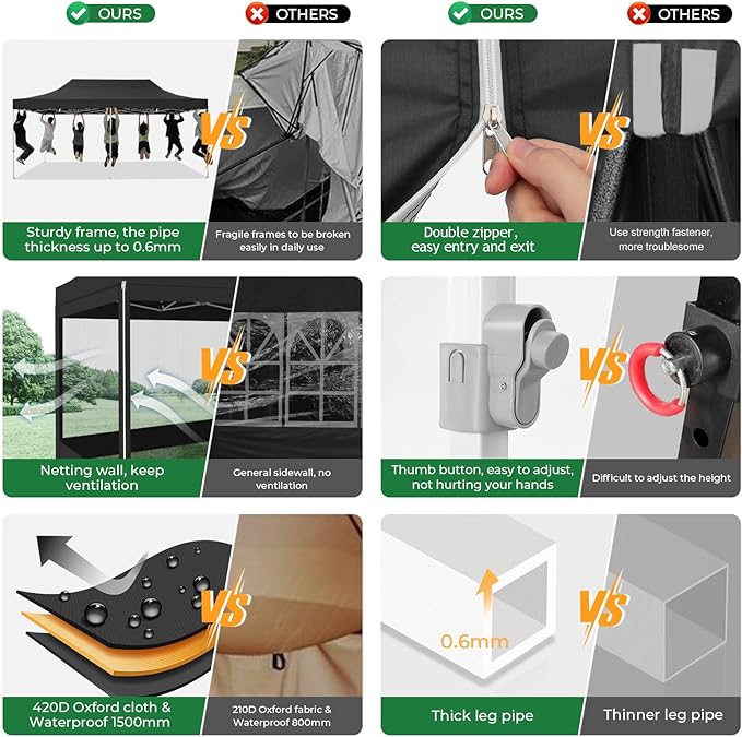 COBIZI 10x20 Heavy Duty Pop Up Canopy Tent with 6 Sidewalls, Easy Set Up Outdoor Waterproof Screen Commercial Party Tent with Mosquito Netting for Parties Backyard Patio, Roller Bag, Black